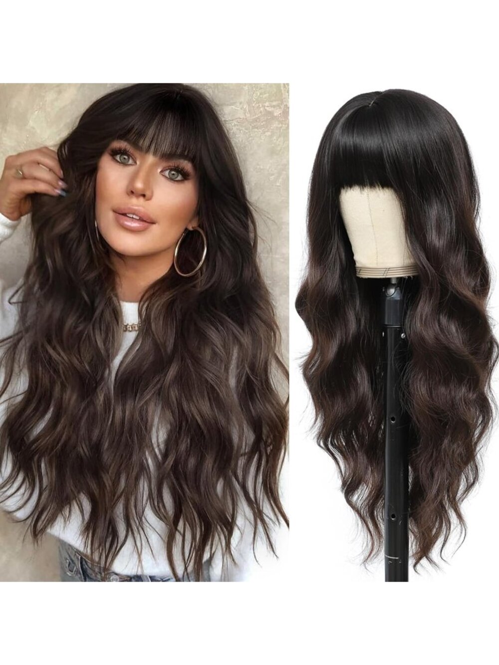 Women's Dark Brown 26 Inch Natural Looking Heat Resistant Synthetic Wigs Bangs